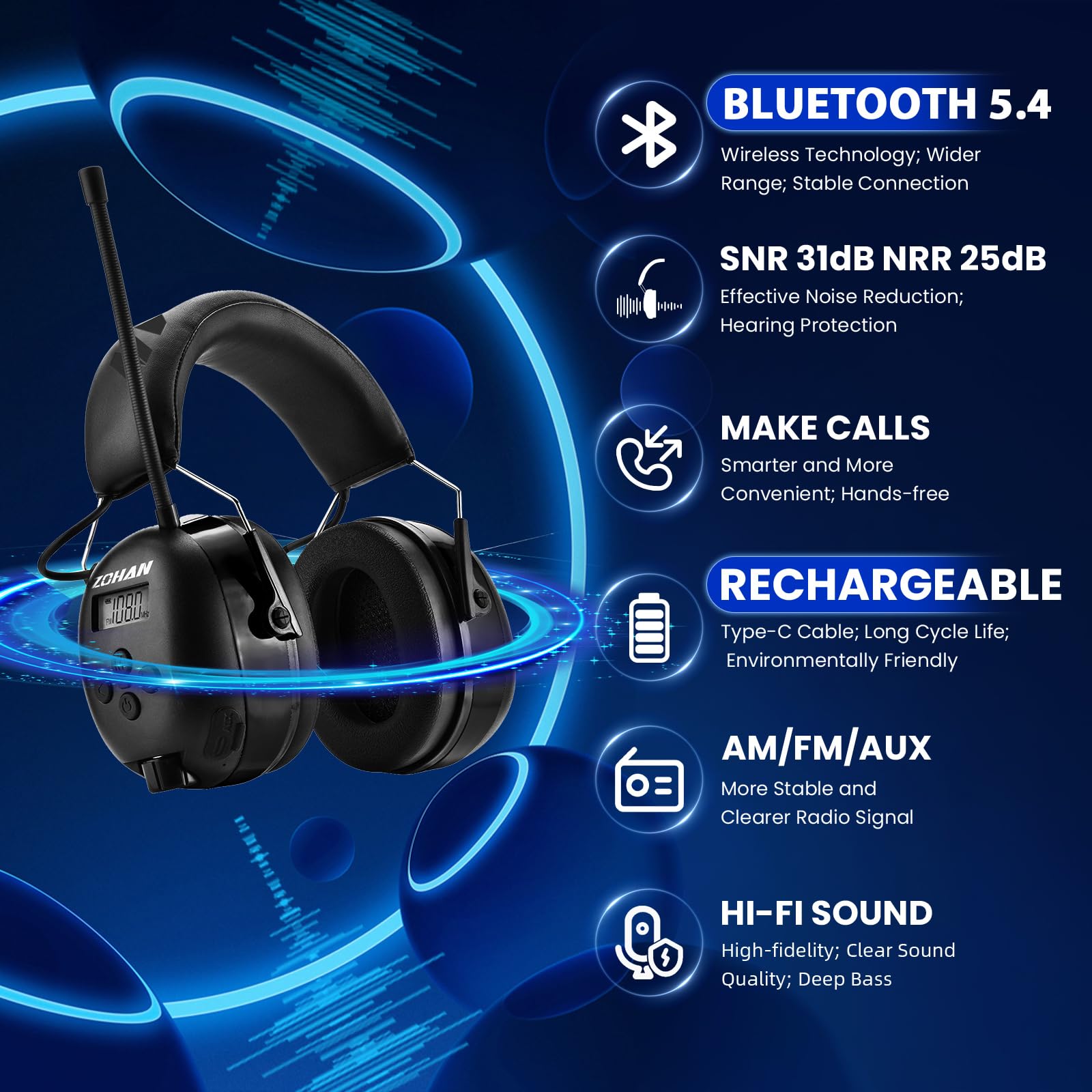 ZOHAN EM033 AM FM Radio Earmuffs with Bluetooth