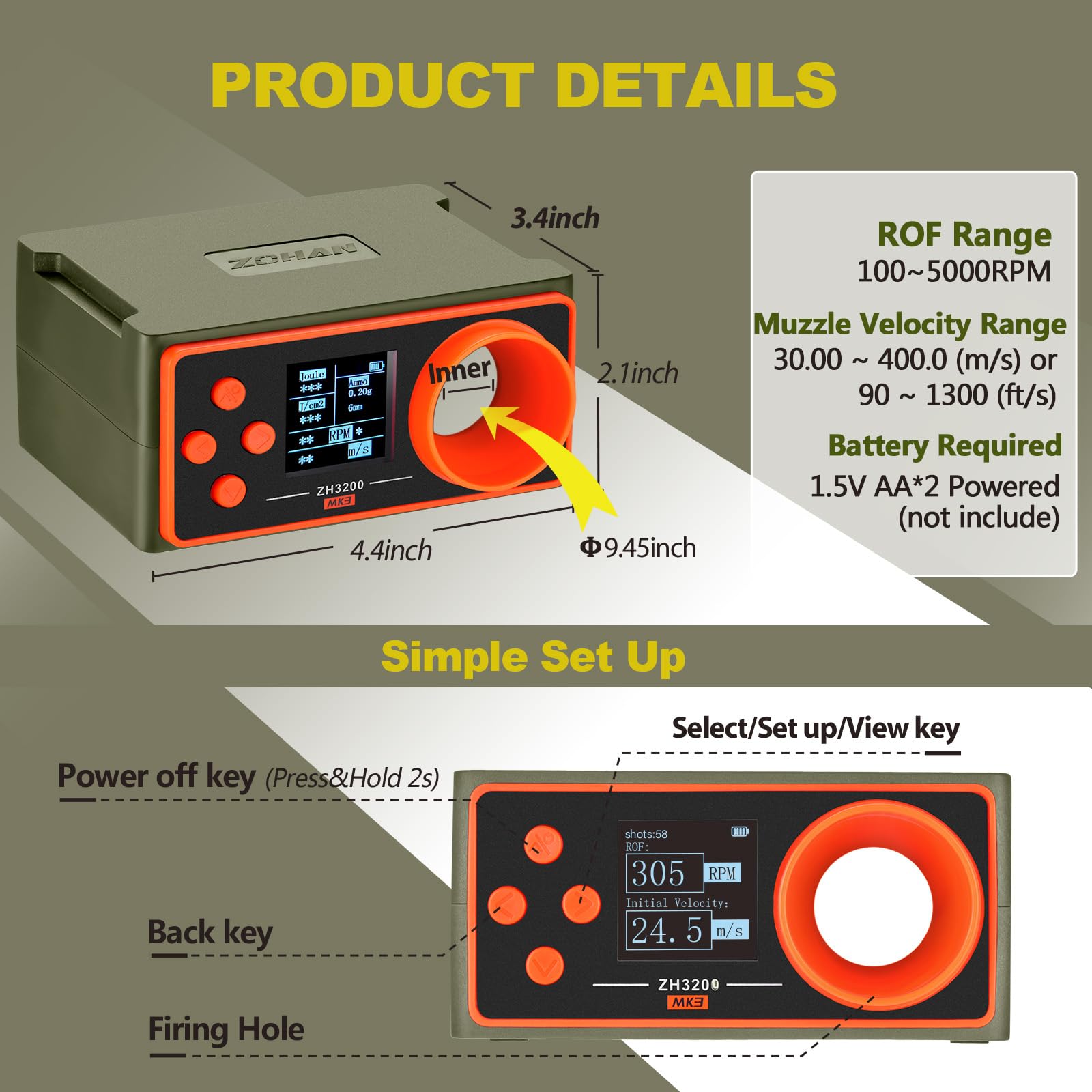 ZOHAN ZH3200 Airsoft Chronograph, Airsoft Gun Speed Tester, BBS Chronograph Shooting