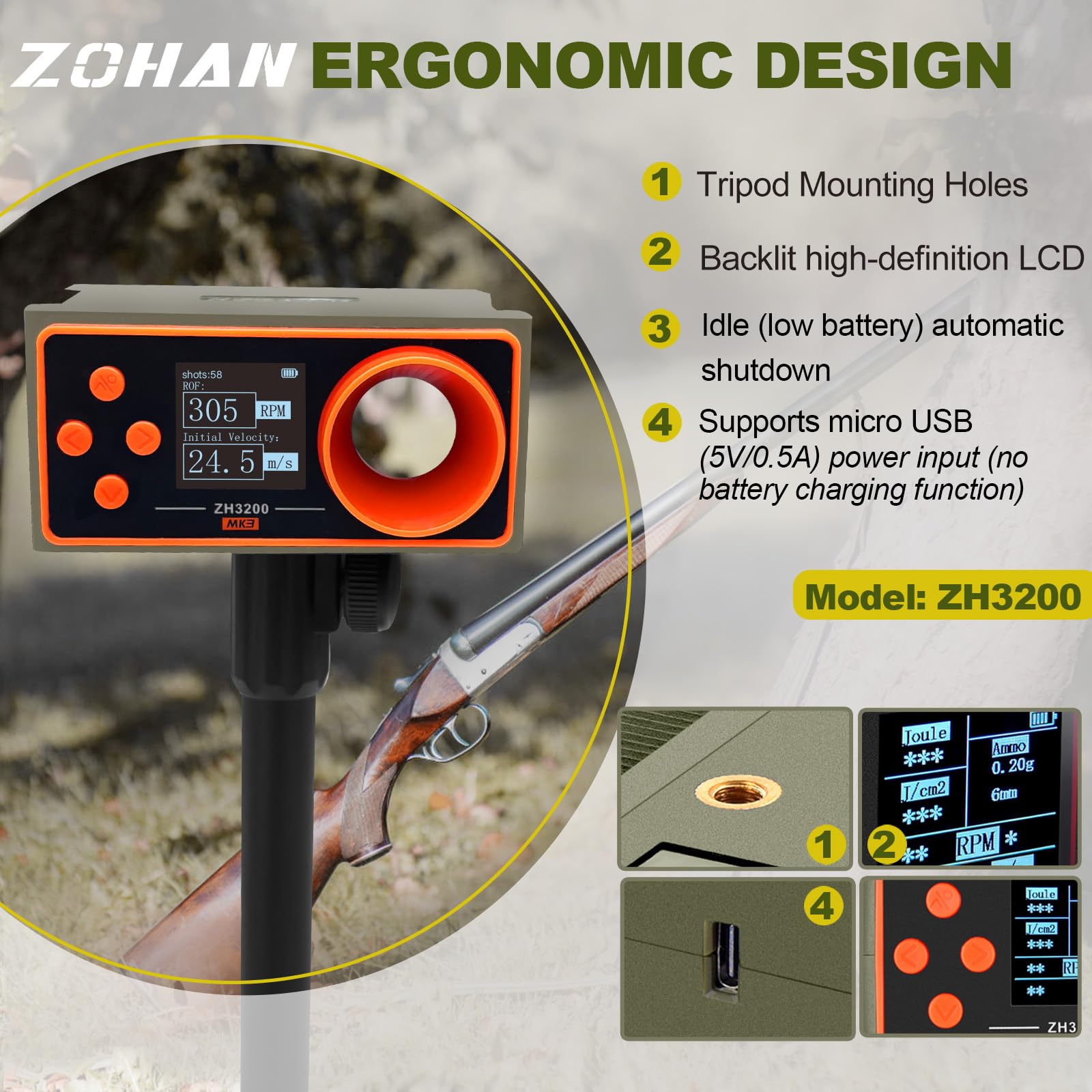 ZOHAN ZH3200 Airsoft Chronograph, Airsoft Gun Speed Tester, BBS Chronograph Shooting